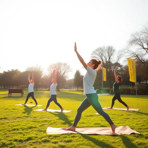 A person happily practicing yoga outdoors in a park setting