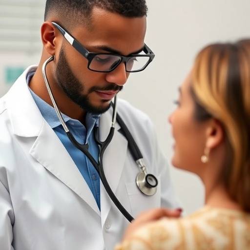 Doctor using a stethoscope to listen to a patient's heart during a checkup