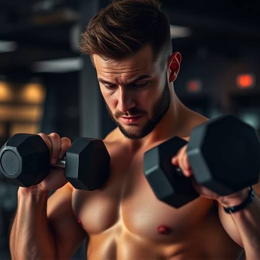 Man lifting dumbbells in a gym as part of an intermediate strength training routine
