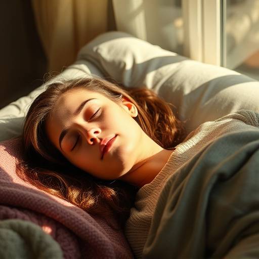 Woman peacefully sleeping in her bed with sunlight gently streaming through the window